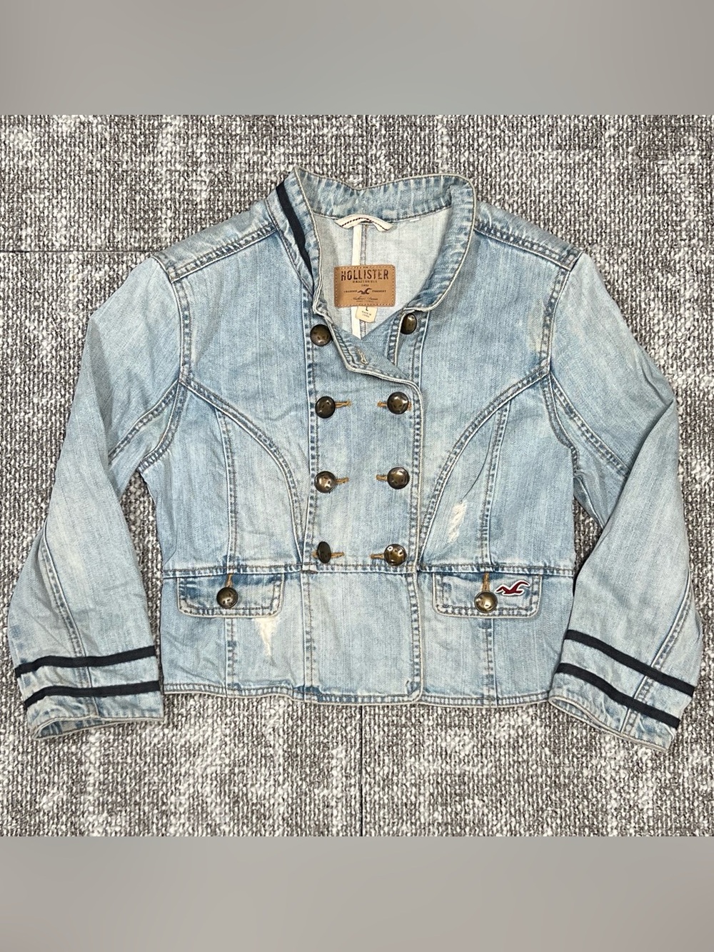 Vintage Hollister Light Blue Double-Breasted Denim Jacket with Navy Stripes